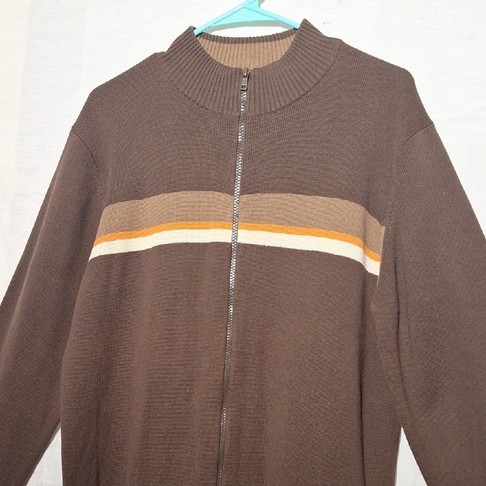 3/$20--Brown Knit Zip Up Men's Sweater With Stripes And Crew Neck, Sz. L., NWOT - Picture 5 of 13